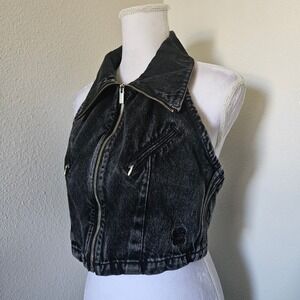Adidas Originals Black Denim Halter Zip Up Crop Top